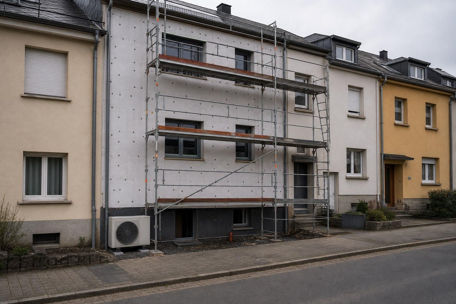 E Lëtzebuerger Haus gëtt isoléiert, nieft der Fassad steet eng Wärmepompel.
