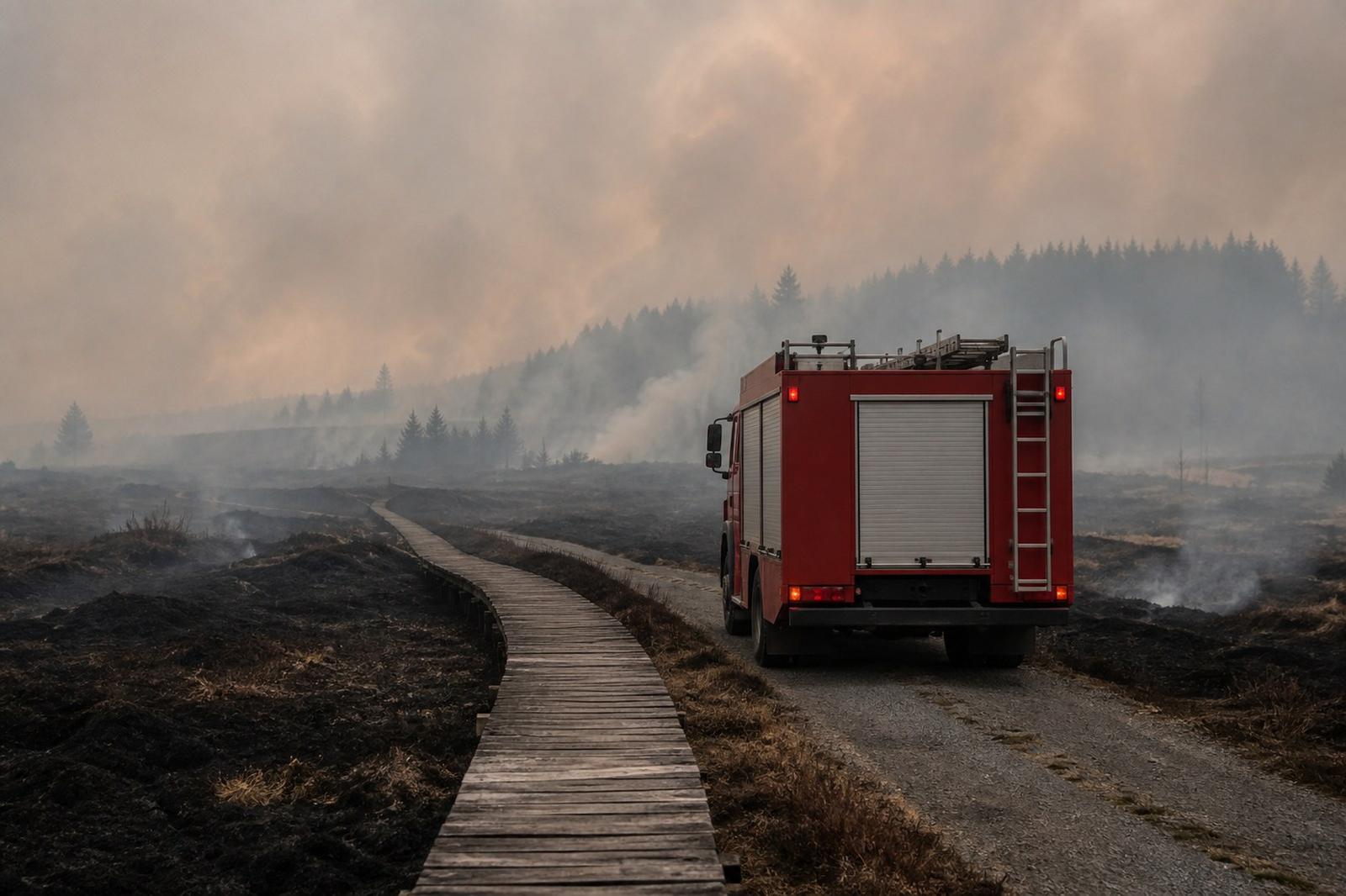 Smoke hangs over scorched peatland and a fire engine in the High Fens.