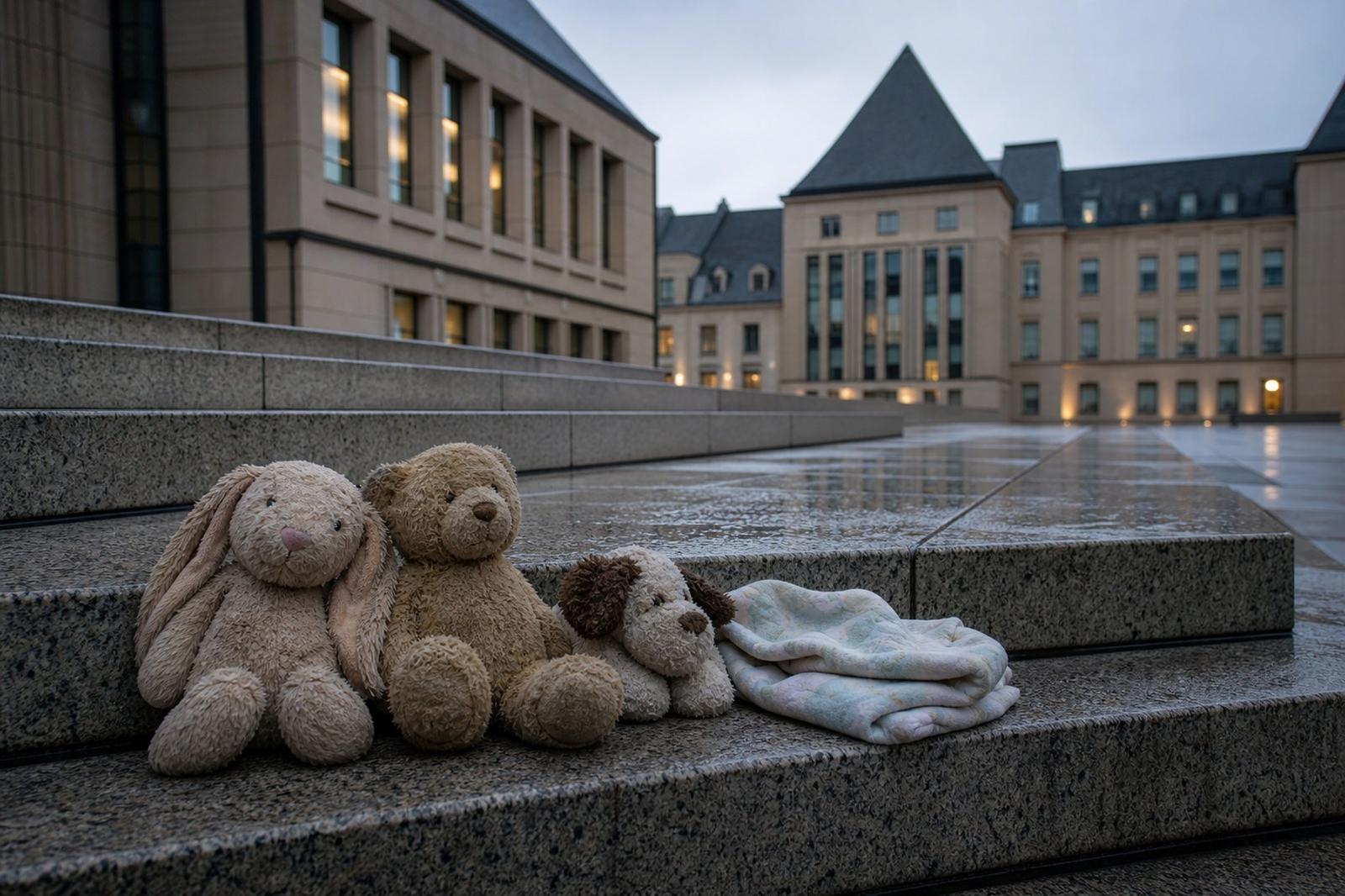 Kuscheldéieren op den Trapen virun der Cité judiciaire an der Stad.