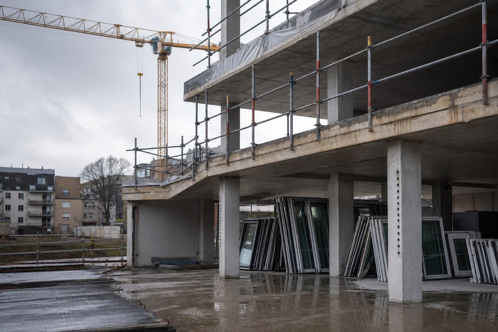 Unfinished apartment block and idle crane on a Luxembourg construction site.