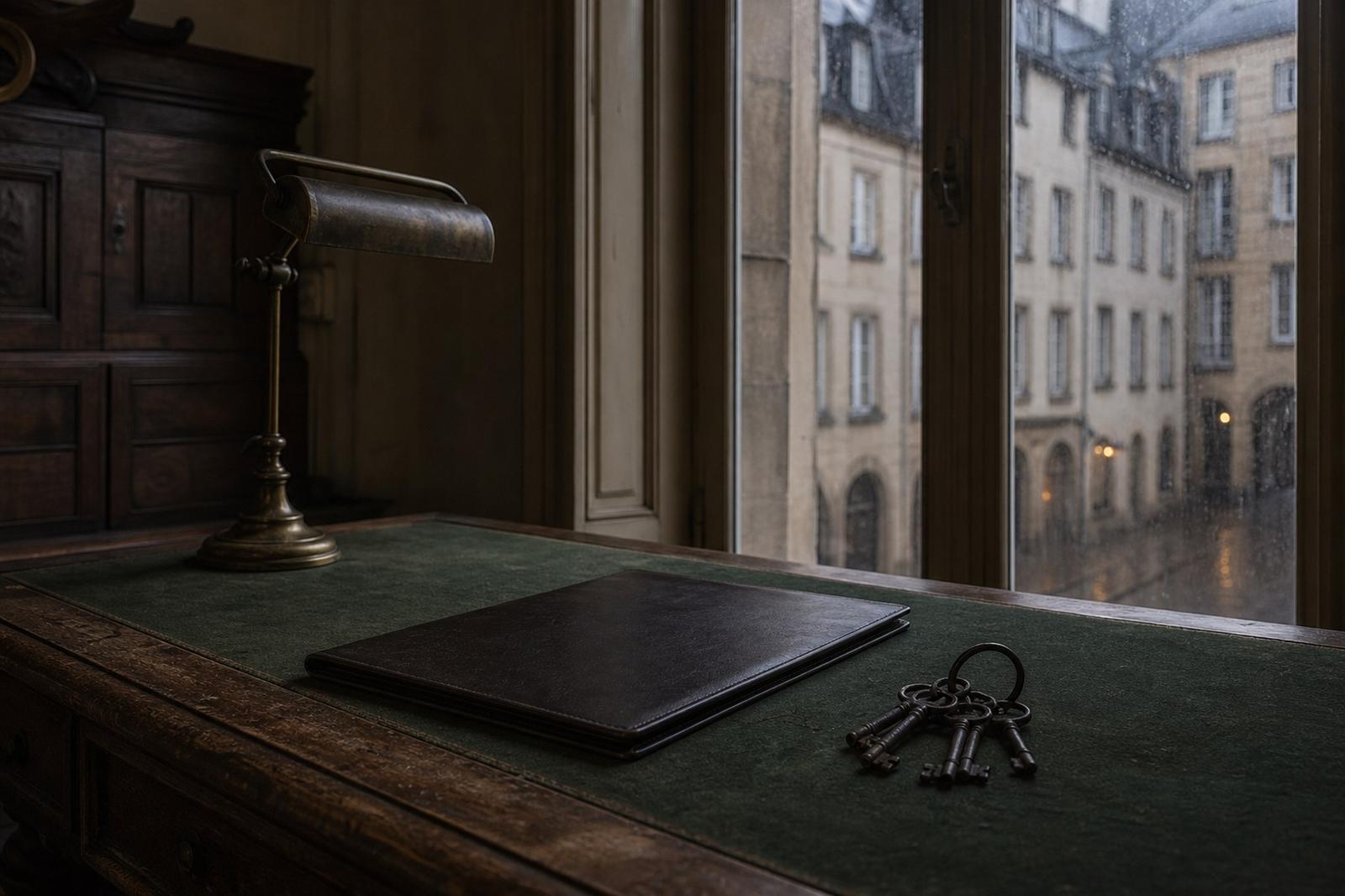 A notary's desk at dusk with a closed leather document folder, a brass lamp and a ring of house keys on green baize.
