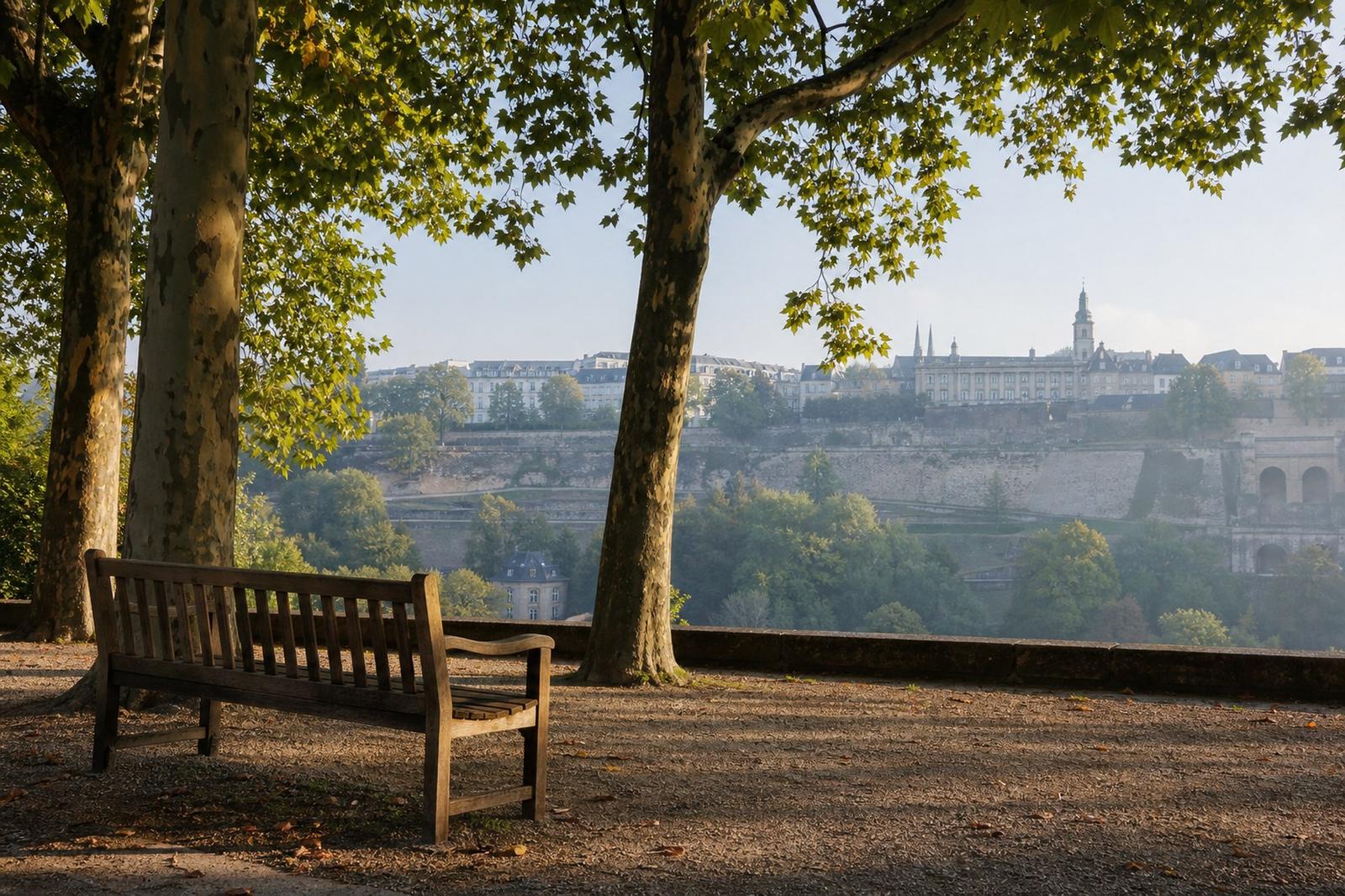 An empty wooden bench beneath tall plane trees in a sunlit Luxembourg City park overlooking the Pétrusse valley.