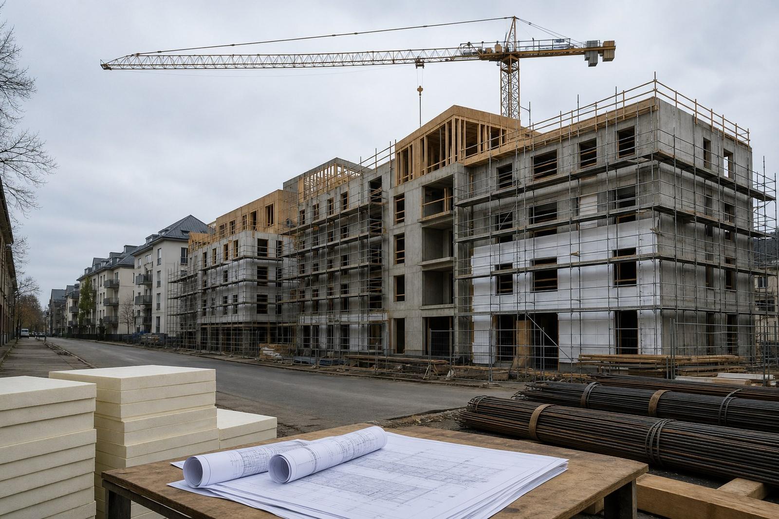 A residential building under construction with a crane and scaffolding against a grey sky in Luxembourg.