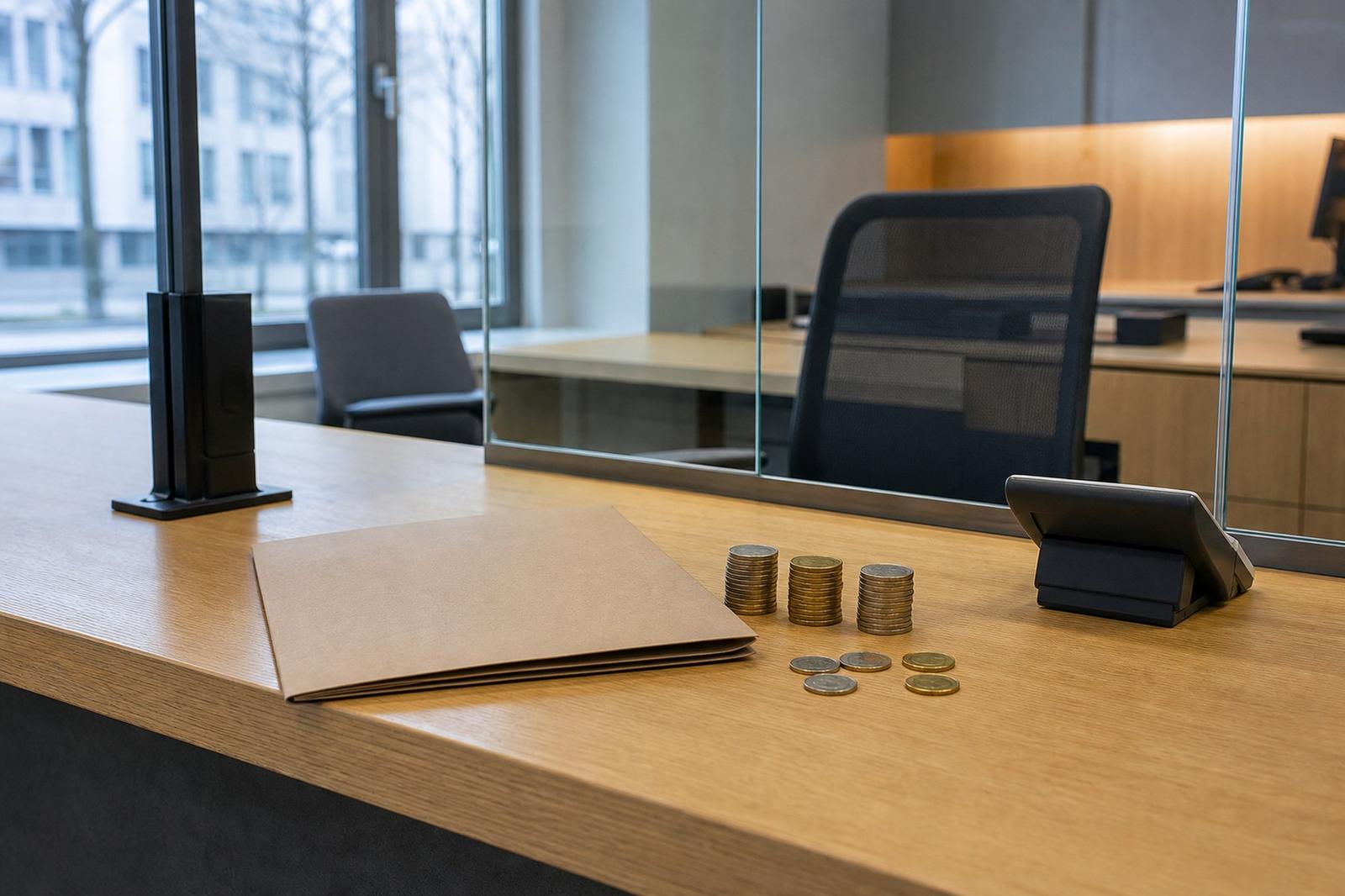Eine unbeschriftete Rentenakte und drei Stapel Euromünzen auf einem leeren Schalter.