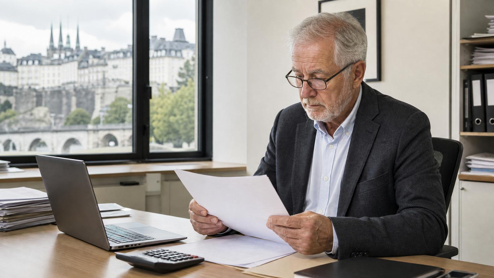 An older professional reviews pension documents beside a laptop and calculator.
