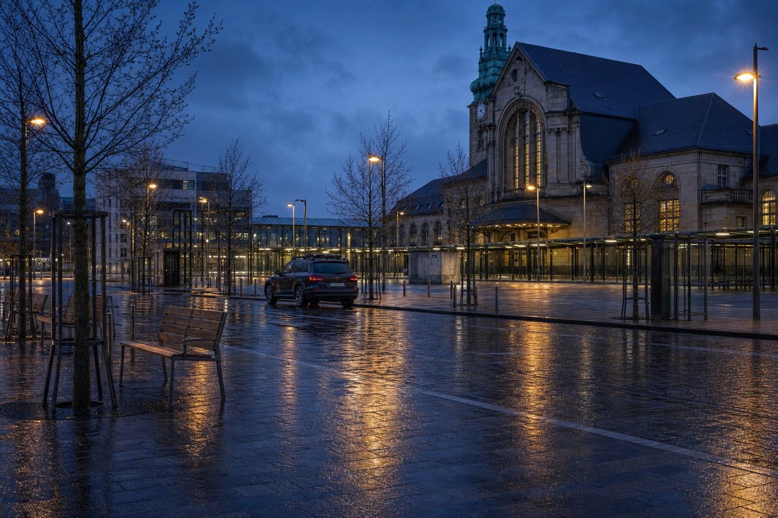 Une place publique déserte et luisante de pluie près de la gare de Luxembourg au crépuscule, avec des bancs vides et une voiture de police stationnée.