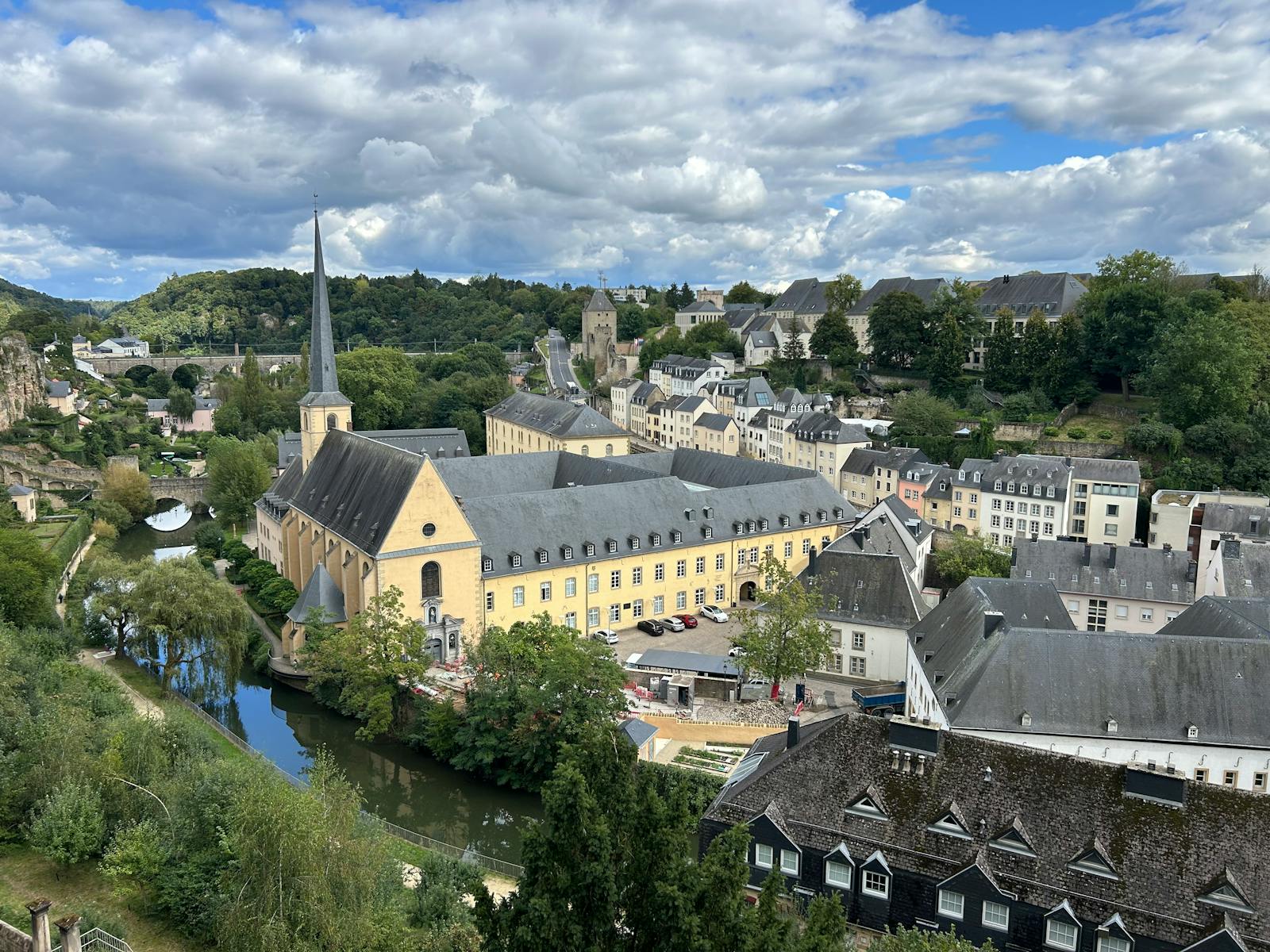 Aerial view of Luxembourg City featuring the Neumünster Abbey and Petrusse Valley.