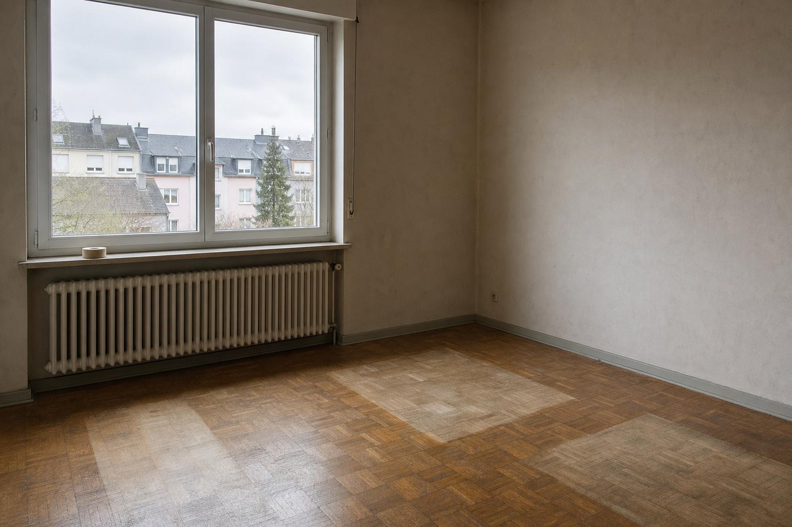 Appartement vidé, parquet nu marqué par l'emplacement des meubles, radiateur sous une grande fenêtre et toits au loin.