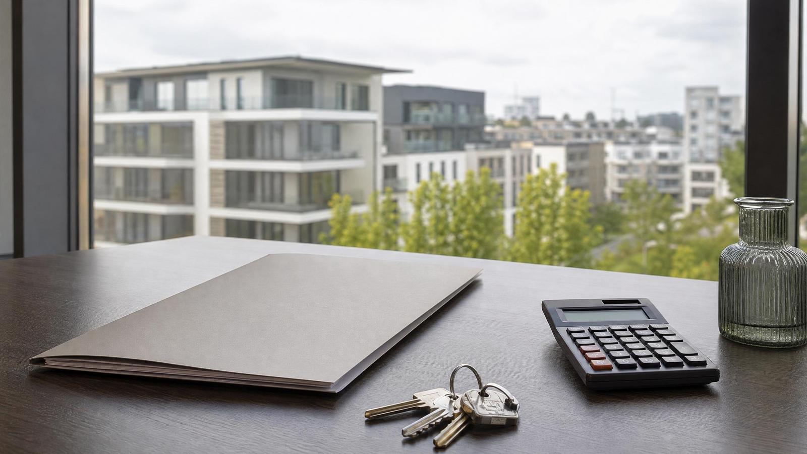Apartment keys, calculator and real estate documents.