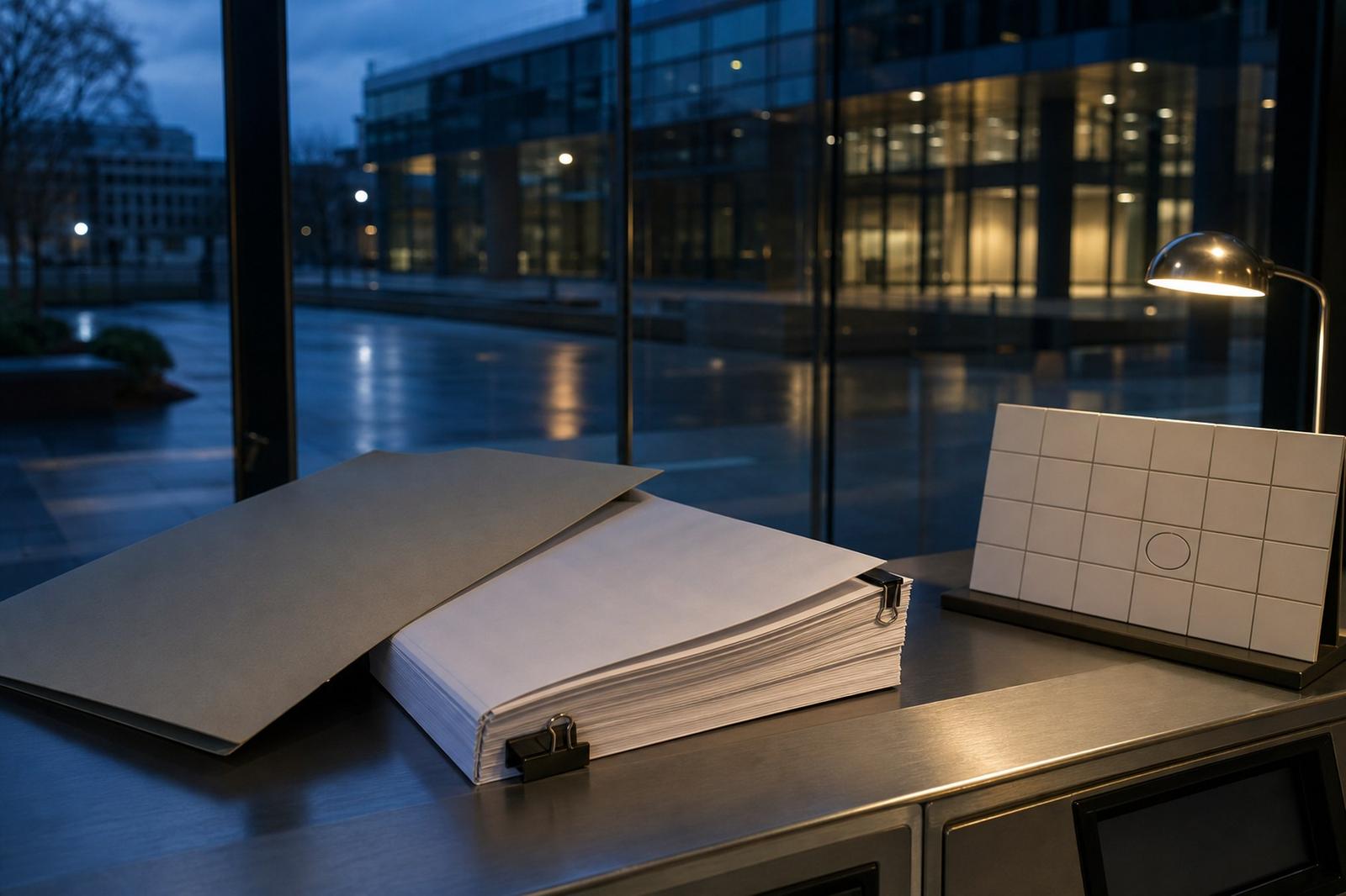 An illustrative bond prospectus outside a glass financial-regulator building in Luxembourg City.