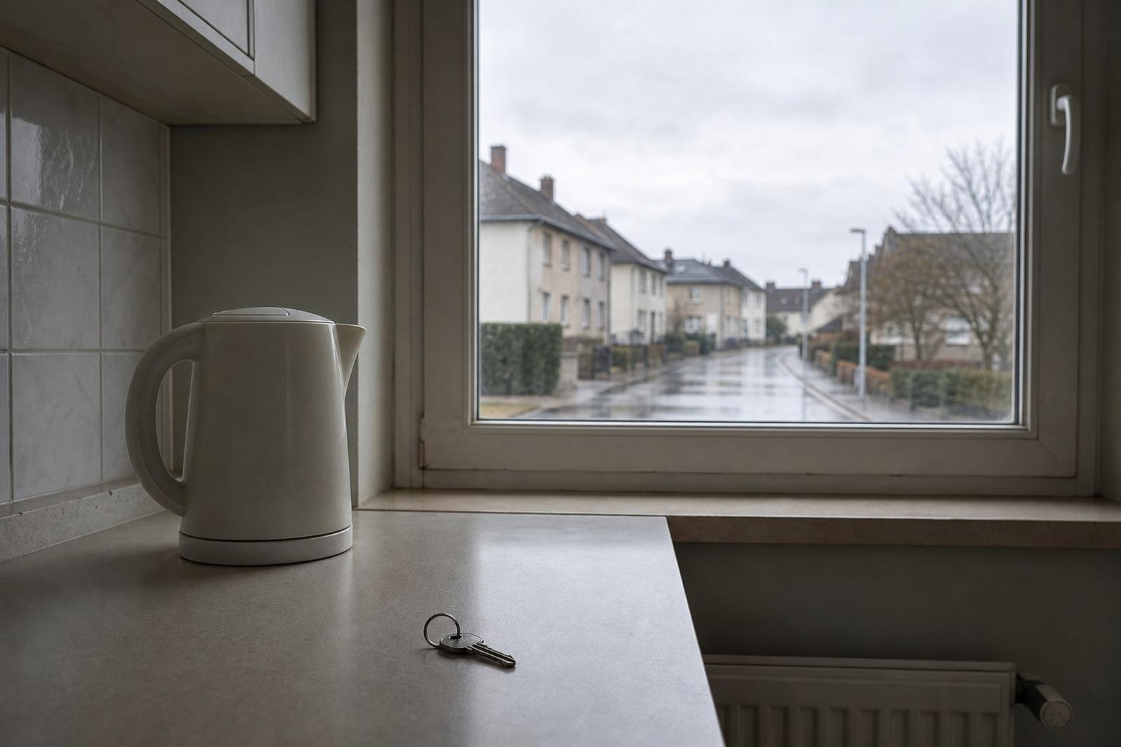 Leere Mietwohnung zwischen zwei Mietverhältnissen mit gereinigter Küchenarbeitsplatte, Wasserkocher und einem Schlüssel auf der Ablage am Fenster.