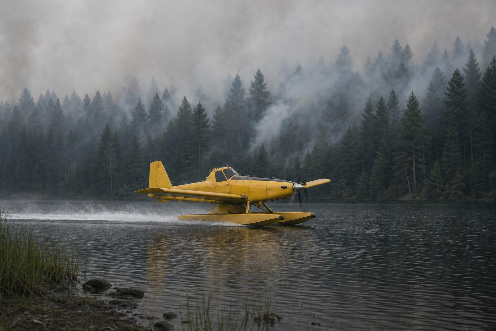 Ein illustratives Löschflugzeug nimmt neben einem verrauchten Kiefernwald Wasser auf.