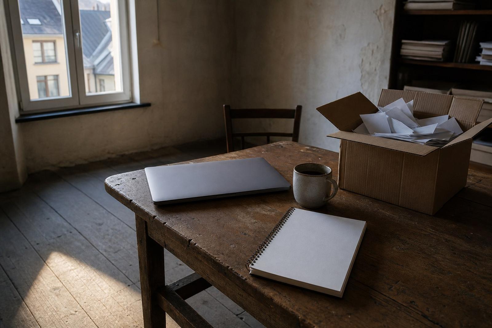 A small one-person office above a shop at first light, with a closed laptop, a notebook and a box of paper receipts on a worn wooden table.