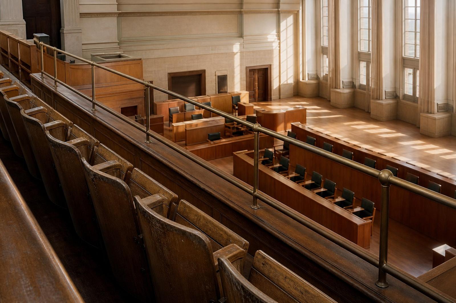 An empty parliamentary public gallery with rows of wooden seats and brass handrails, lit by high windows in late afternoon.