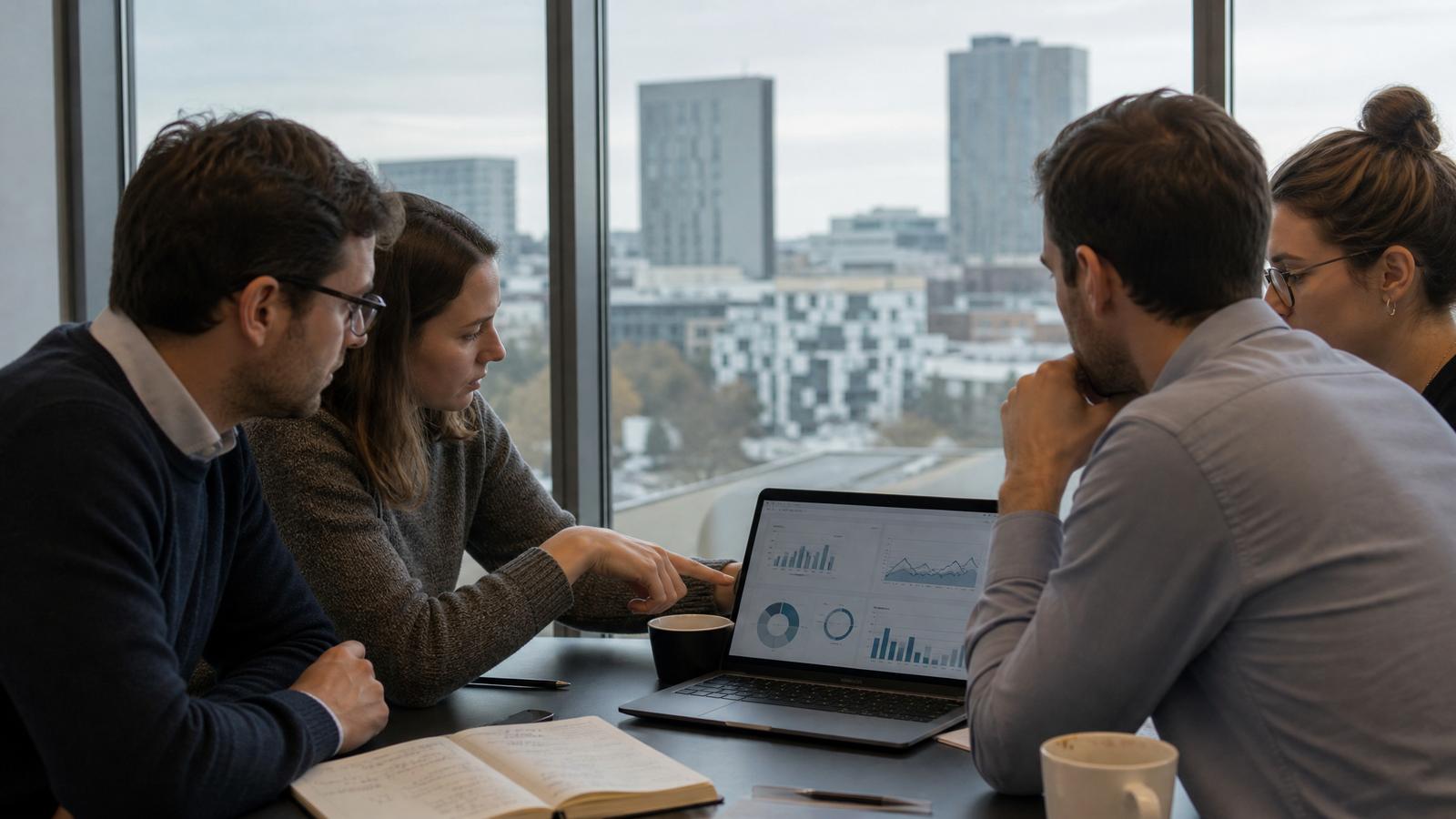 A Luxembourg start-up team reviews financial projections in a small office.