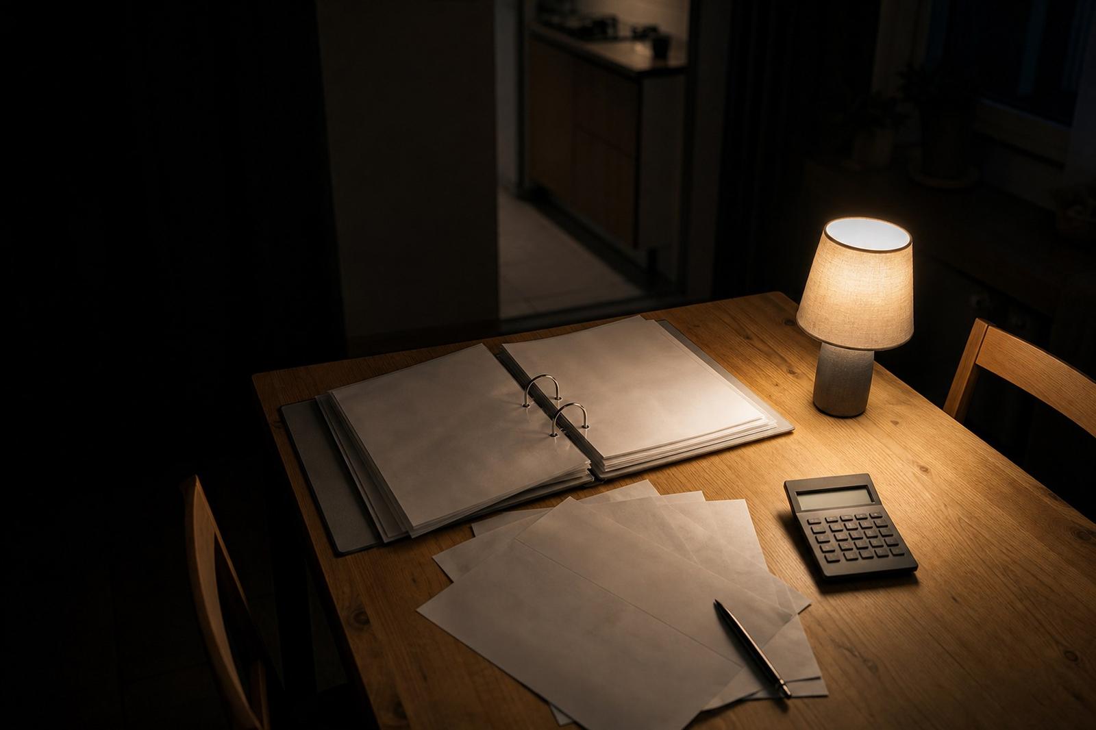 Table de cuisine la nuit, classeur ouvert, calculatrice, stylo et relevés bancaires étalés sous une lampe unique.