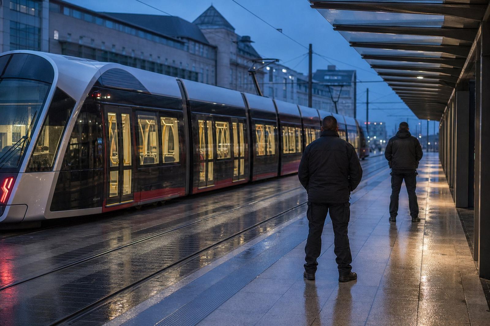 Eine leere Straßenbahn und zwei Sicherheitskräfte am Luxemburger Hauptbahnhof bei Einbruch der Dunkelheit.