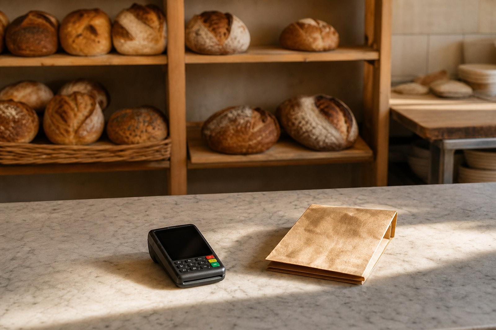 Bäckereitheke aus Kundensicht mit Brot in Holzregalen, einem Kartenlesegerät und einer gefalteten Papiertüte im Morgenlicht.
