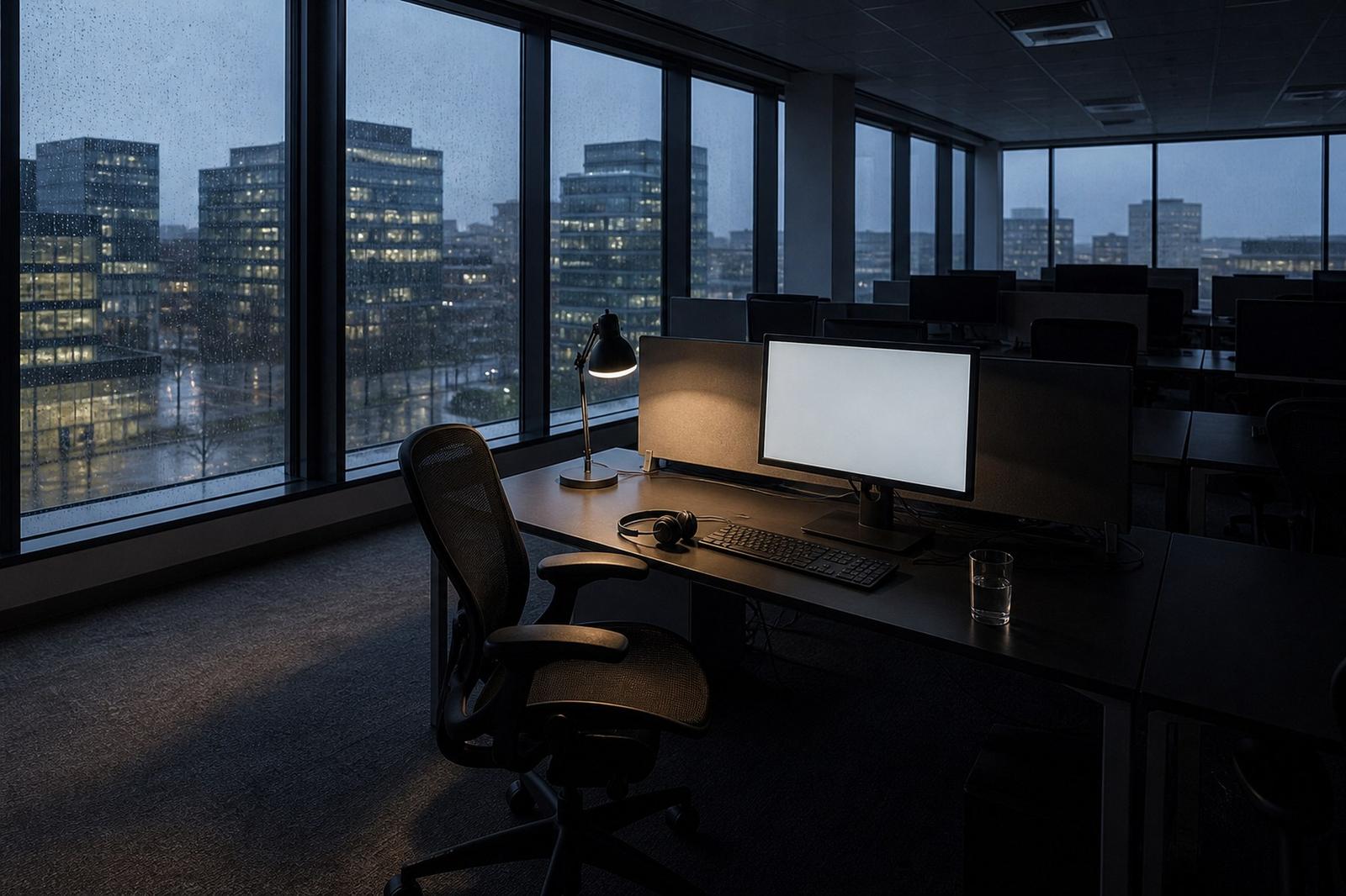 Ein beleuchteter, leerer Arbeitsplatz in einem dunklen Luxemburger Büro nach Feierabend.