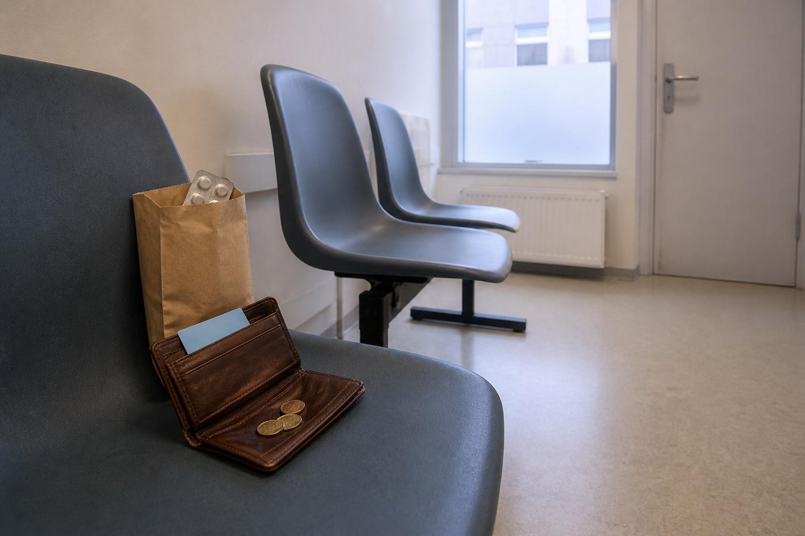 An empty clinic waiting room with a pharmacy bag and a nearly empty wallet on a chair.