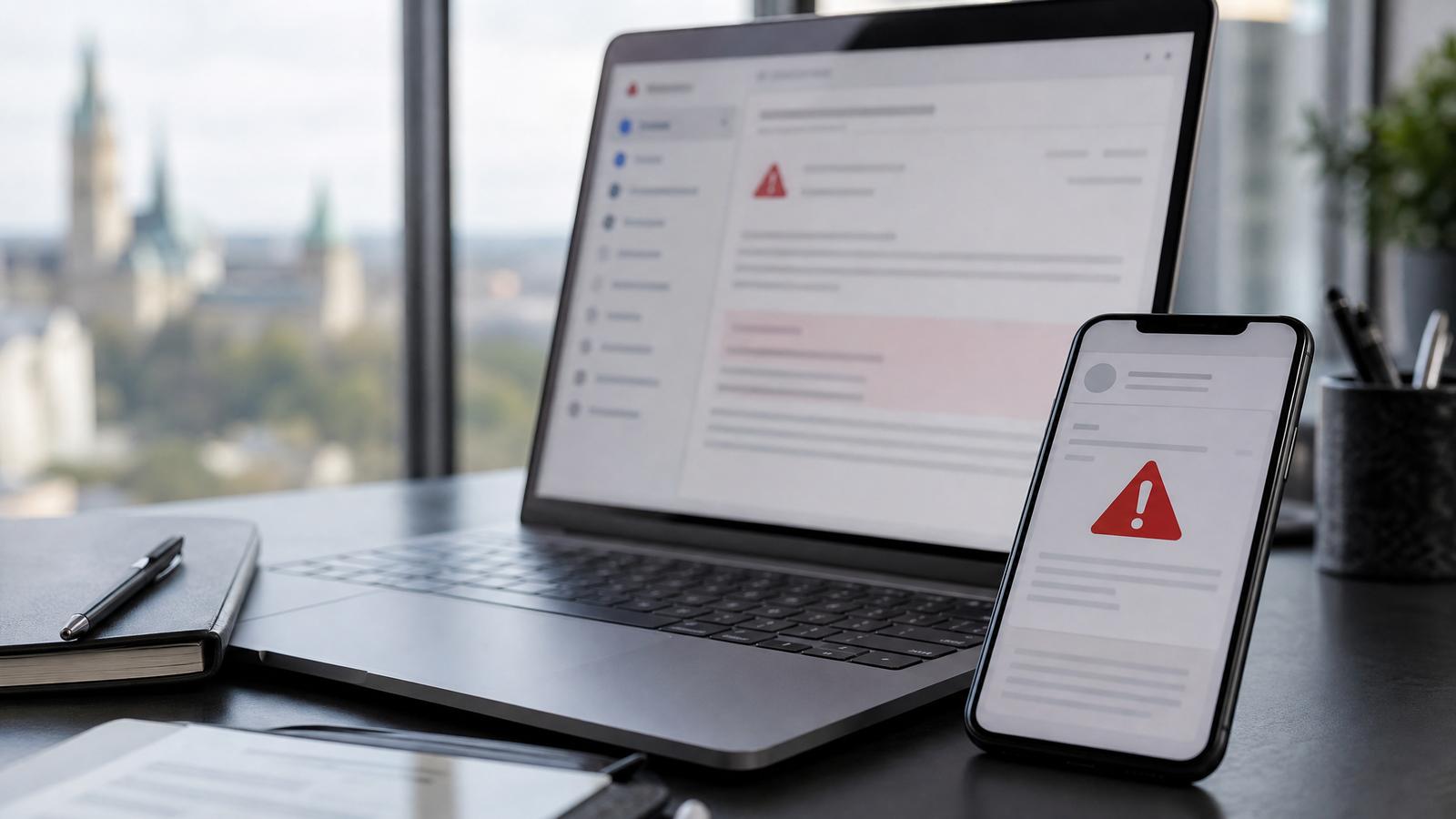 A smartphone and laptop showing a suspicious email warning, representing phishing attempts in Luxembourg.