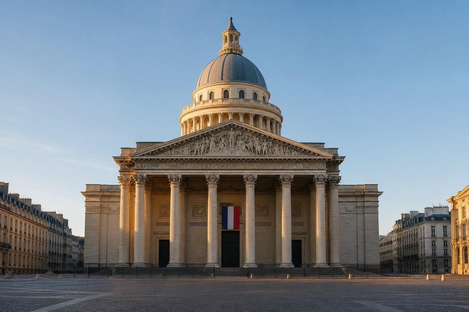 The dome and colonnade of the Panthéon in Paris at dawn, with a French flag hanging at the entrance.