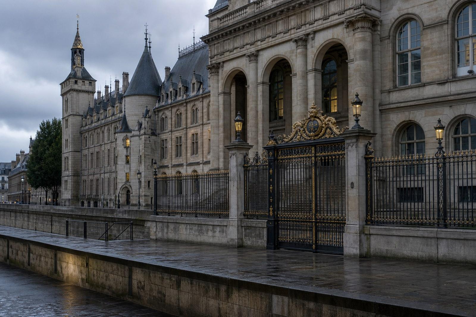 La façade de pierre et la grille dorée fermée de la cour d'appel de Paris, sur l'Île de la Cité, au crépuscule.