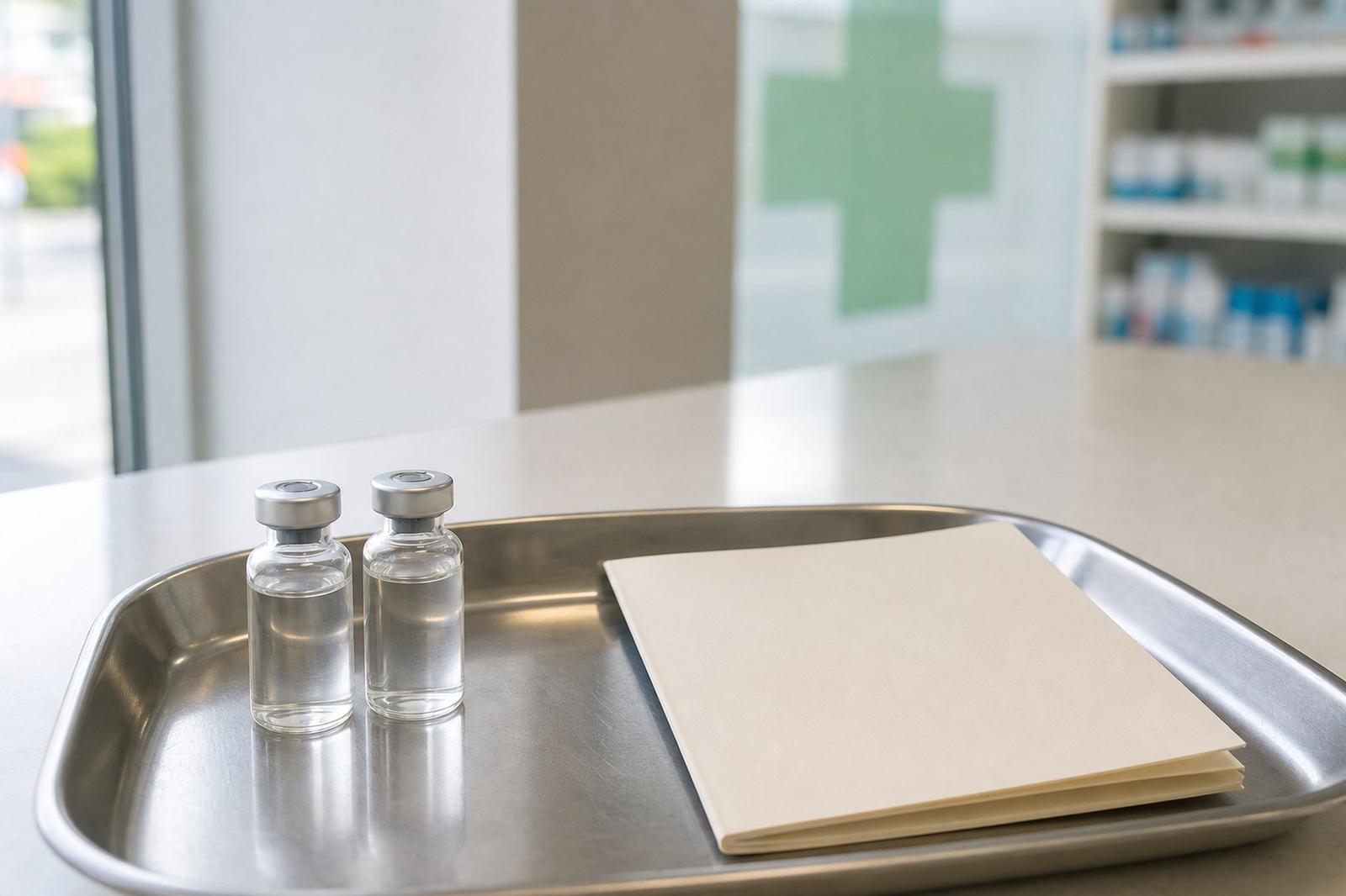 A small glass vaccine vial on a steel clinic tray beside a blank vaccination booklet, with a green cross glowing out of focus behind.