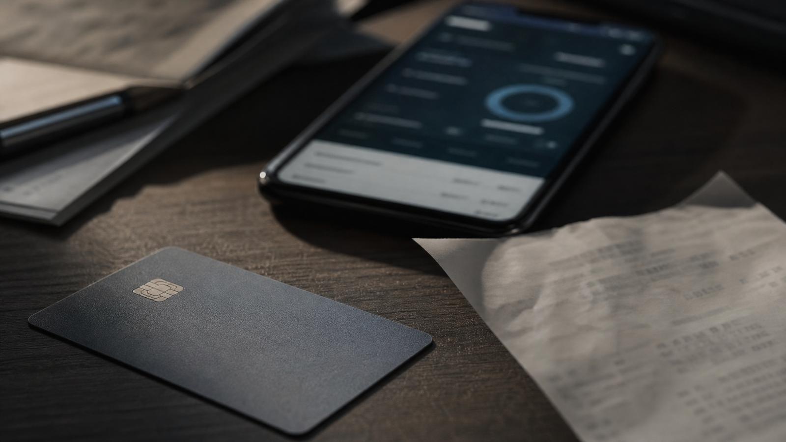 Bank card, phone and blurred banking paperwork illustrating money mule fraud.