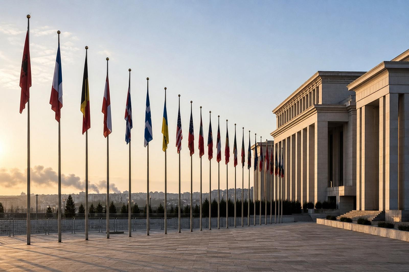 Reihen von Nationalflaggen auf hohen Masten im Morgenlicht vor einem großen, nüchternen modernen Regierungskomplex in Ankara.