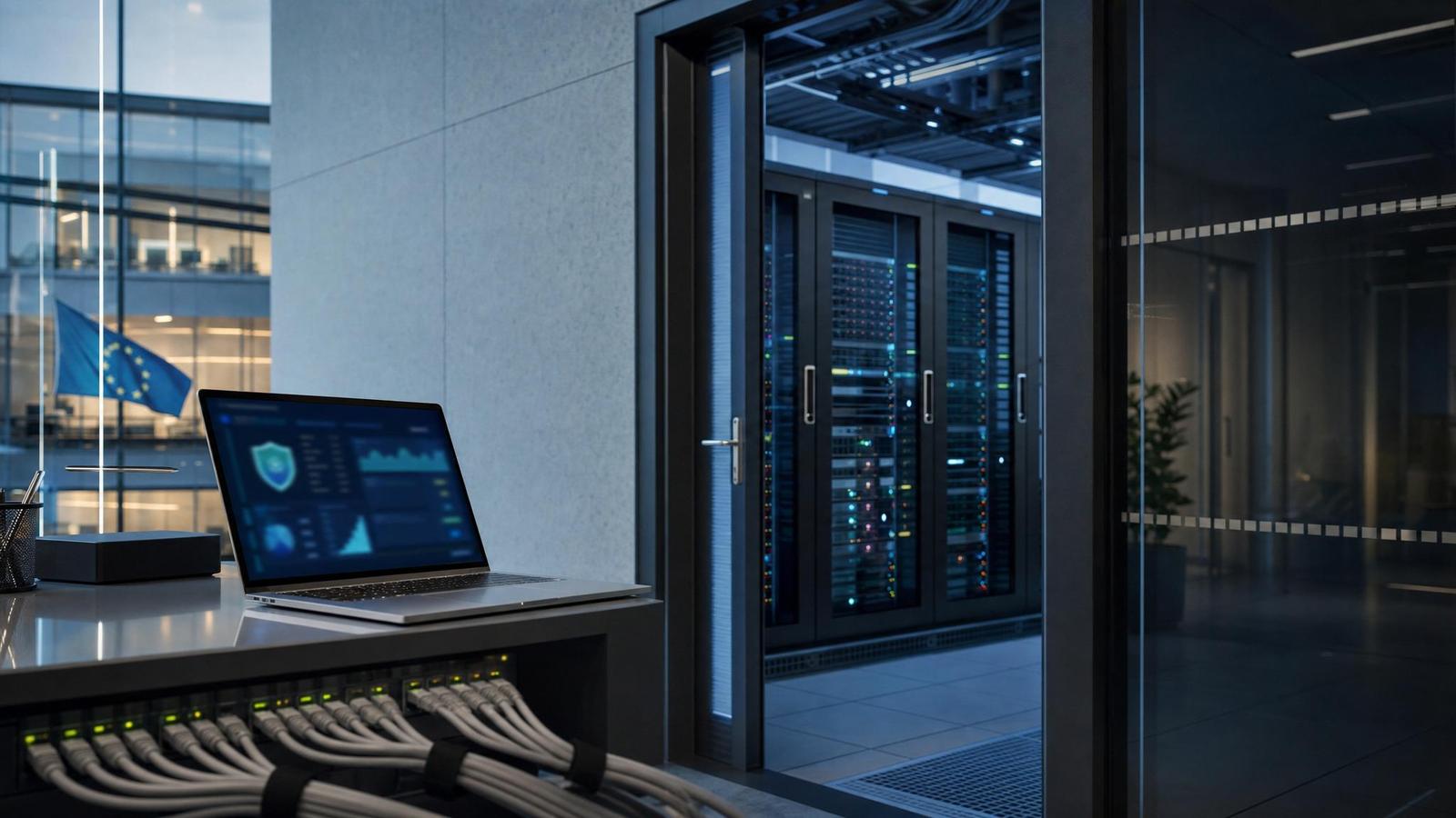 An office server room and laptop with an abstract security dashboard.