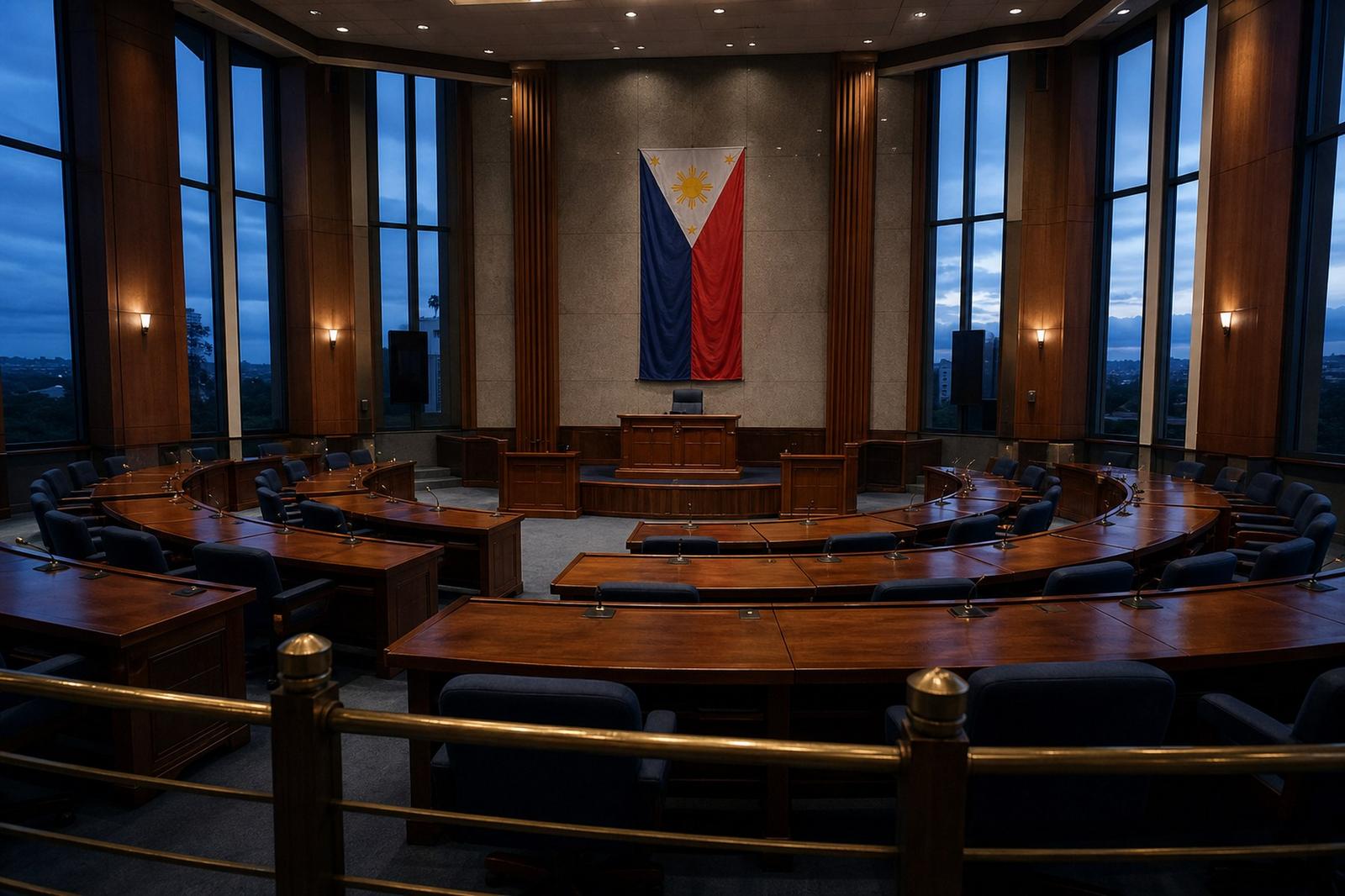 Empty curved rows of wooden desks in a national senate chamber facing a raised rostrum beneath a flag.
