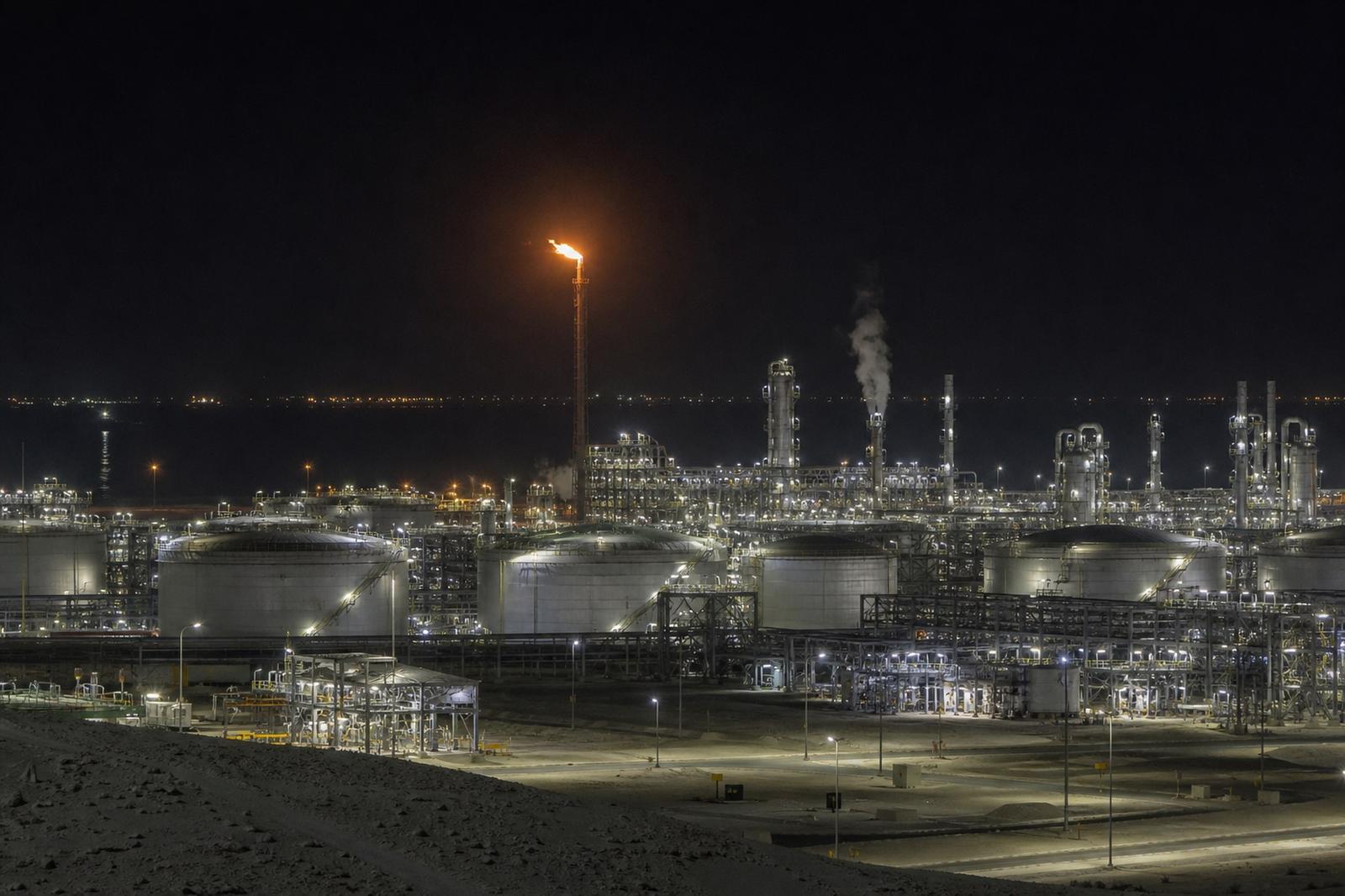 A floodlit liquefied-natural-gas plant with storage tanks, pipework and a burning gas flare at night.