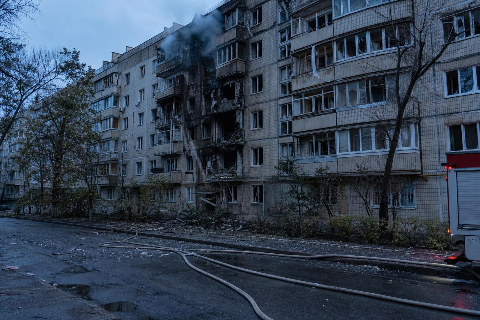 Illustrative view of a damaged apartment block in Kyiv after a missile attack.