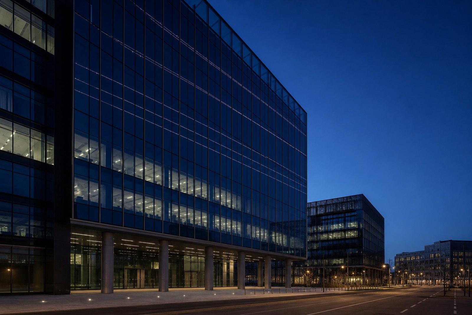 A glass office tower in Luxembourg's Kirchberg district at dusk reflecting faint parallel satellite light-trails across the sky.