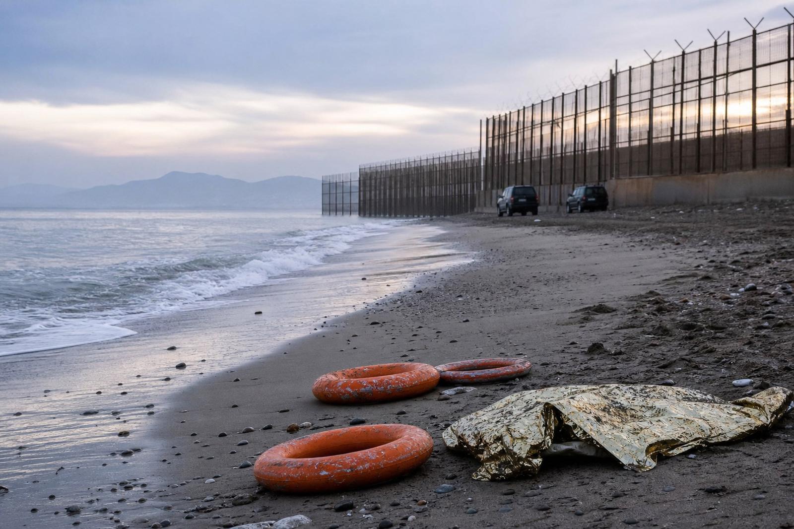 Discarded flotation rings lie beside the border fence on Ceuta’s El Tarajal beach.