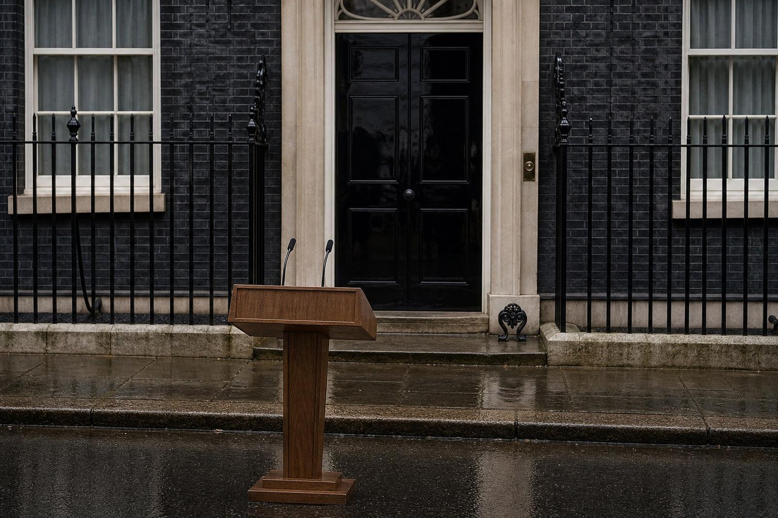 An empty lectern stands on wet pavement before the black door of 10 Downing Street under a grey sky.