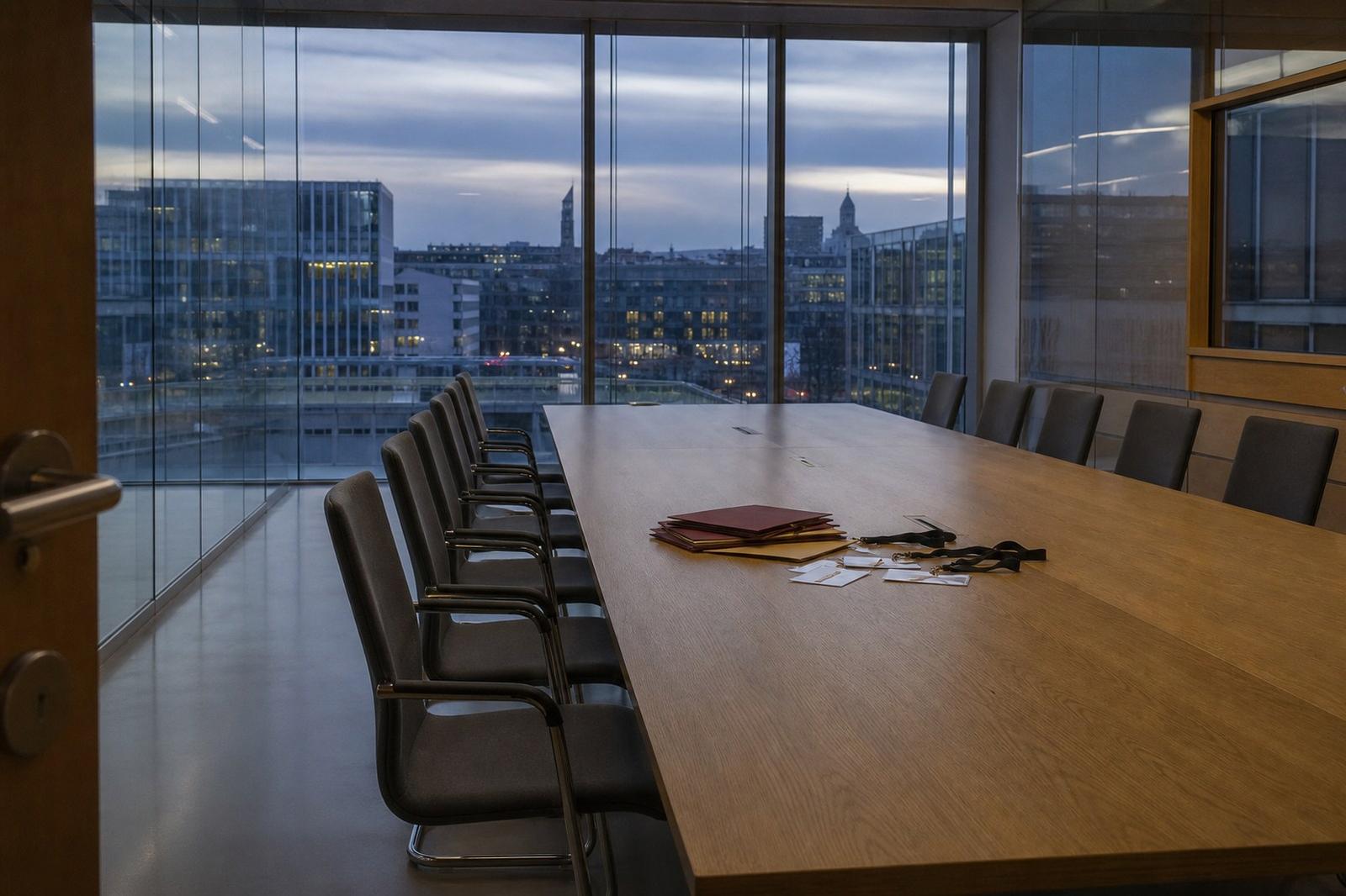 An empty glass-walled meeting room in a European Commission building in Brussels at dusk, two facing rows of chairs at a bare table.