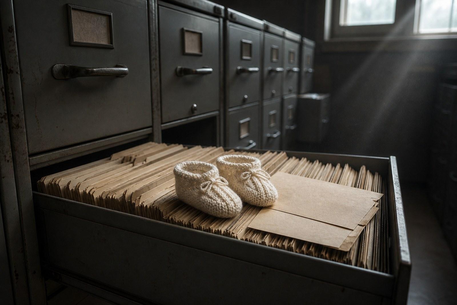 An open archive drawer of aged adoption case files with a pair of small knitted baby booties resting on top