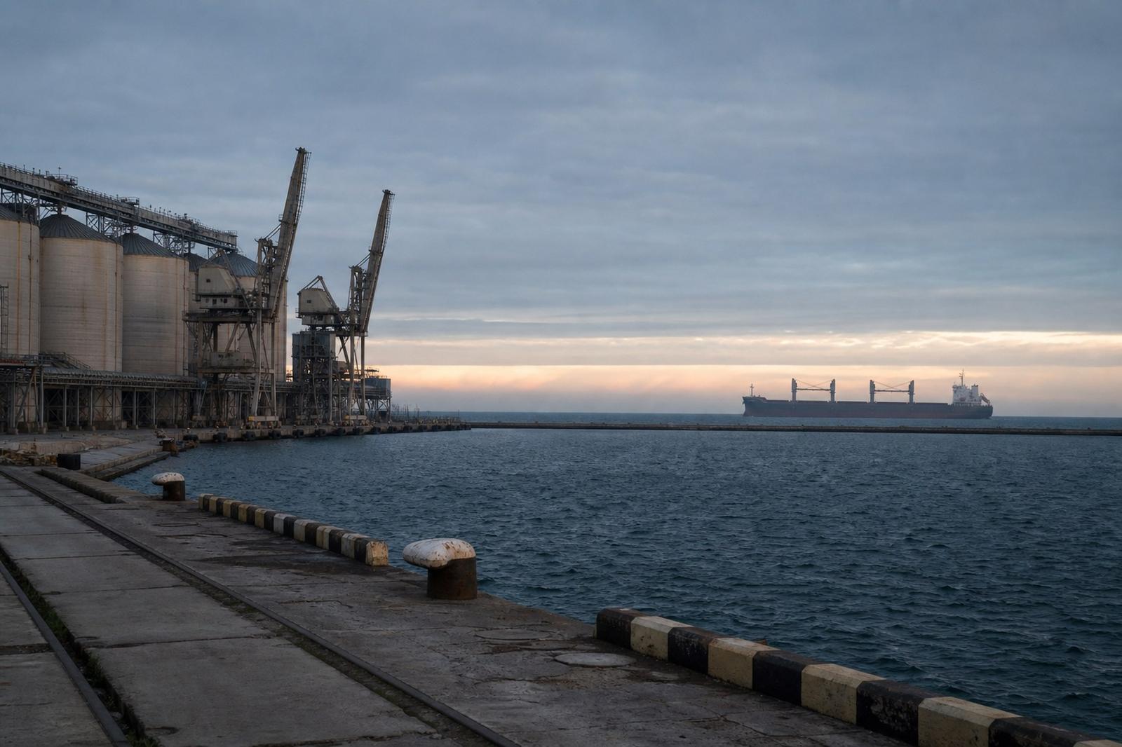 Quai céréalier désert et silos au bord de la mer Noire dans une vue illustrative du port d’Odessa.