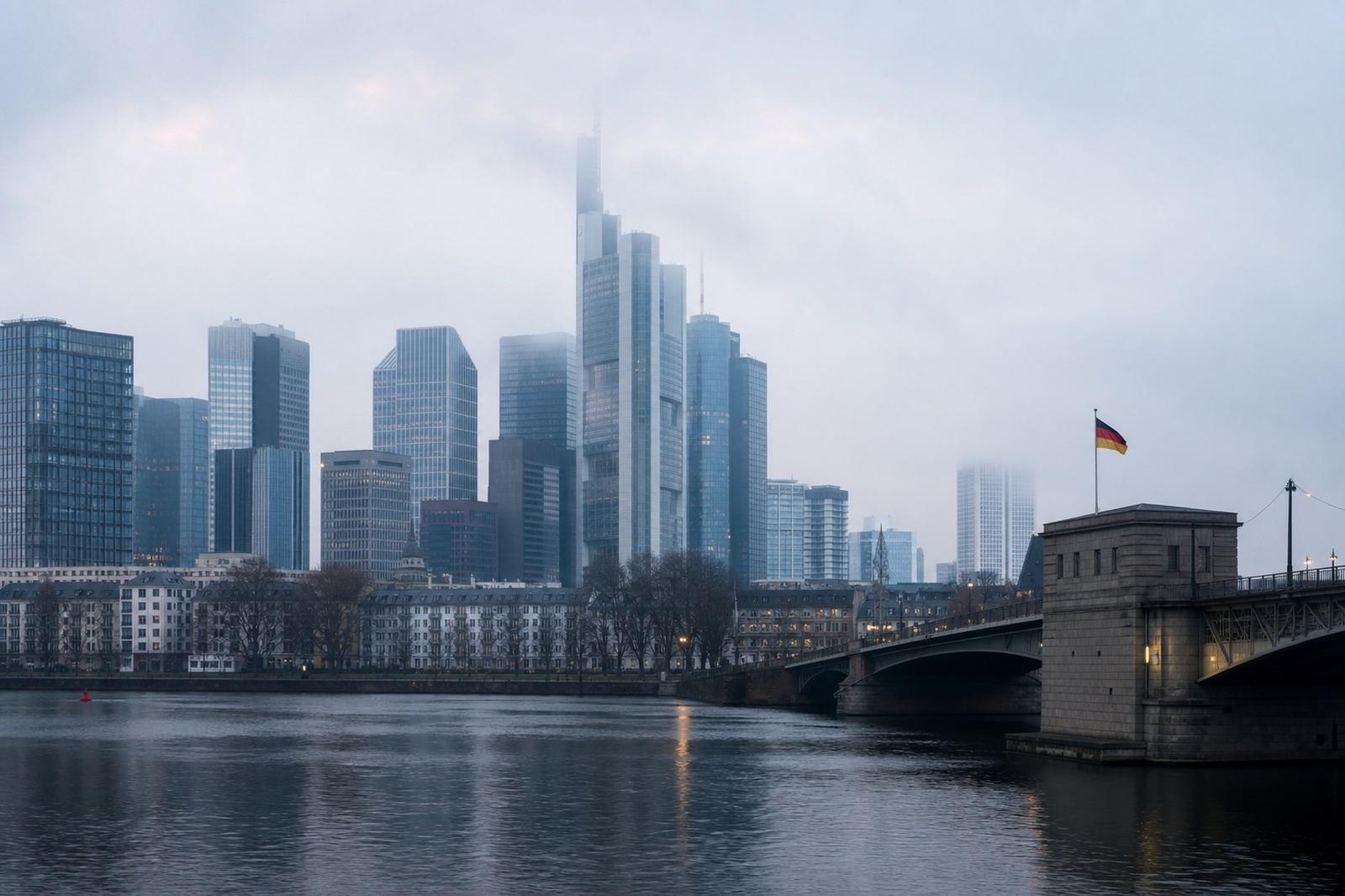 D'Glastierm vum Frankfurter Bankeveierel am Moiesniwwel, gesi vum anere Bord vum Main.