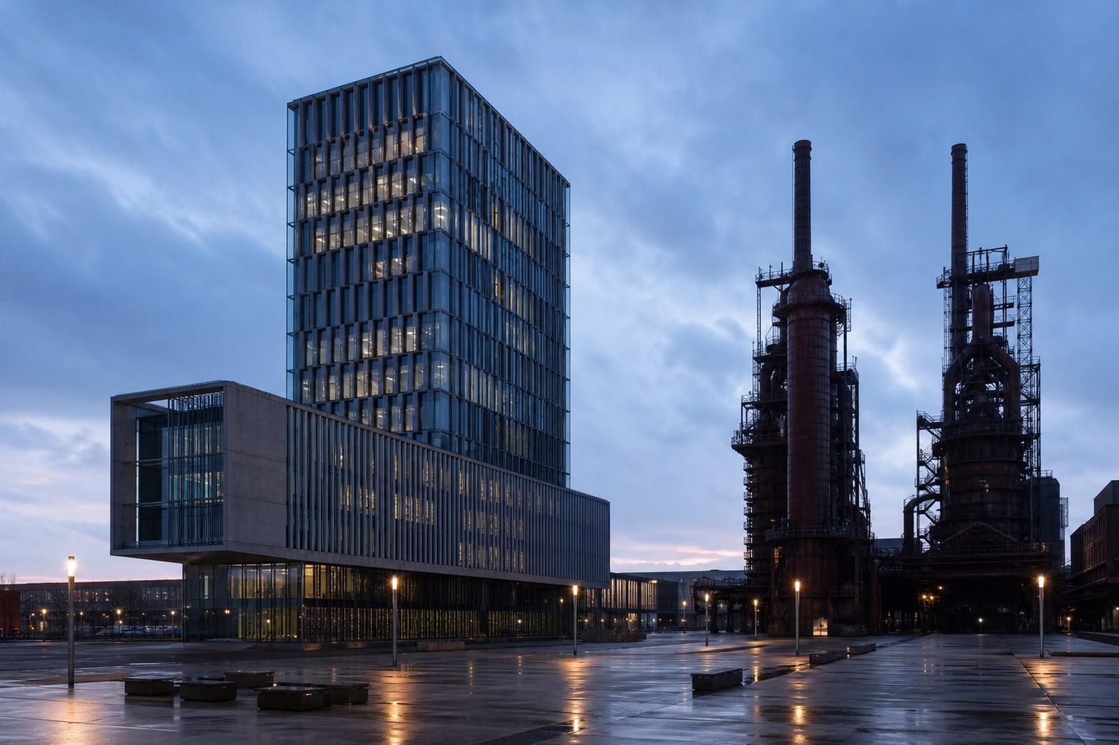 En modernen Uni-Tuerm an der Owenddämmerung niewent zwee erhalene rostrouden Héichiewen, mat enger eideler Plaz am Virdergrond.