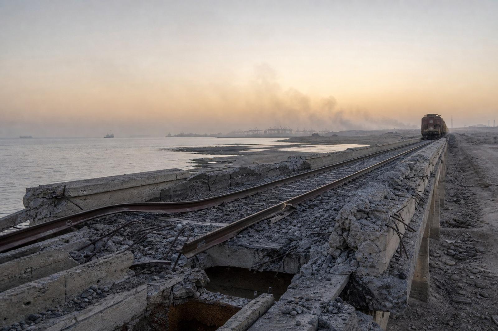 Vue illustrative d’un pont ferroviaire endommagé sur la côte sud de l’Iran.