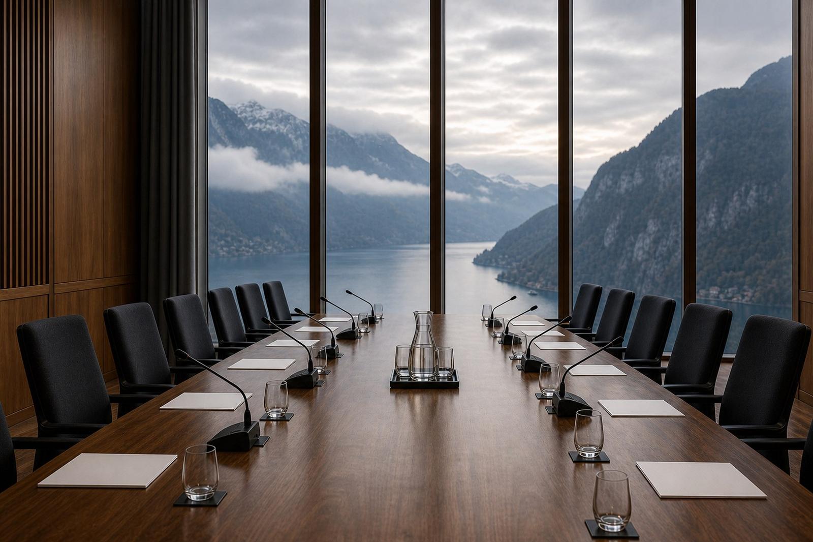 An empty negotiating table in a wood-panelled room above a misty Swiss lake at dawn.