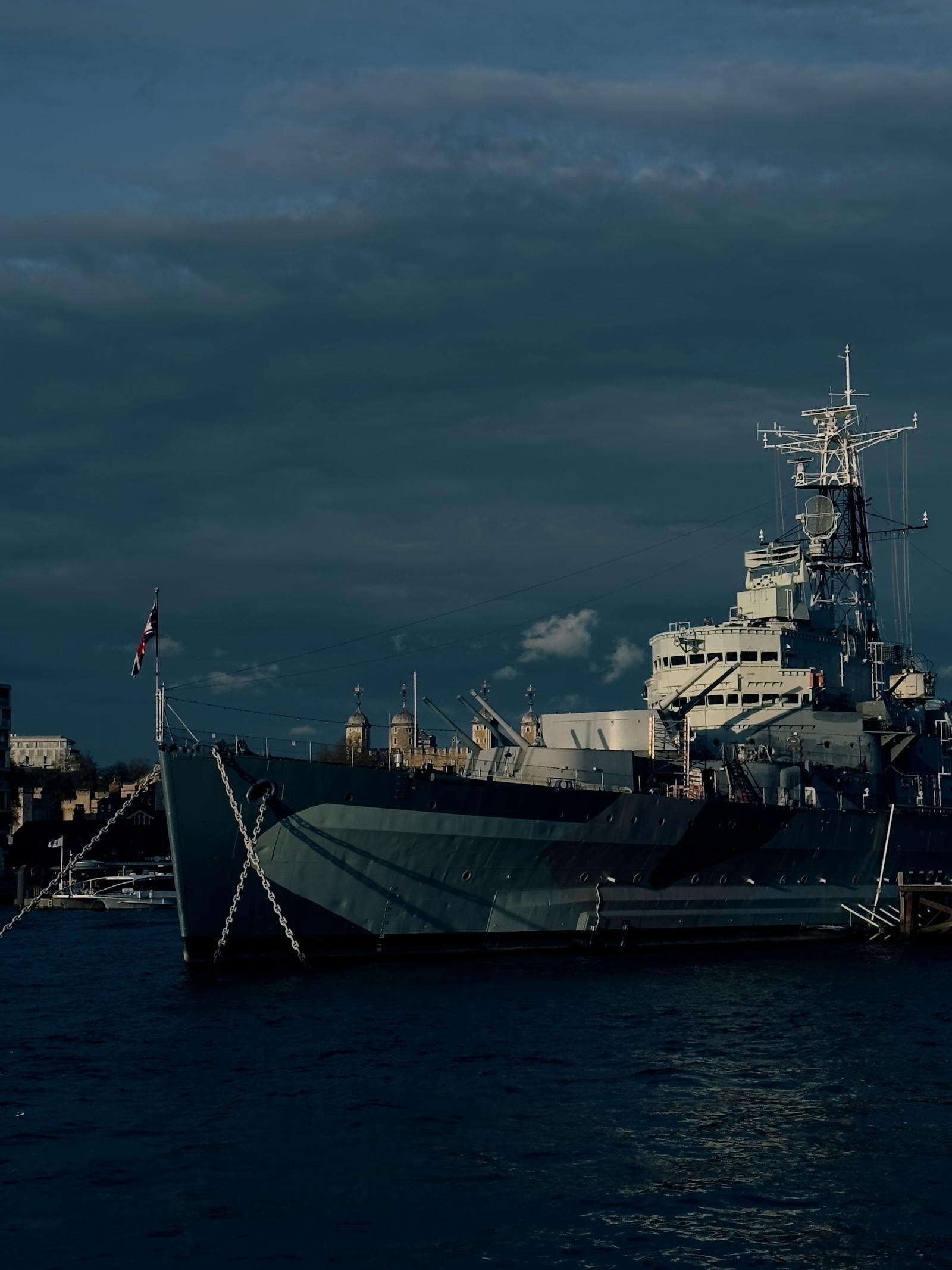 A military warship moored — emblematic of the US Navy's Project Freedom escort regime.