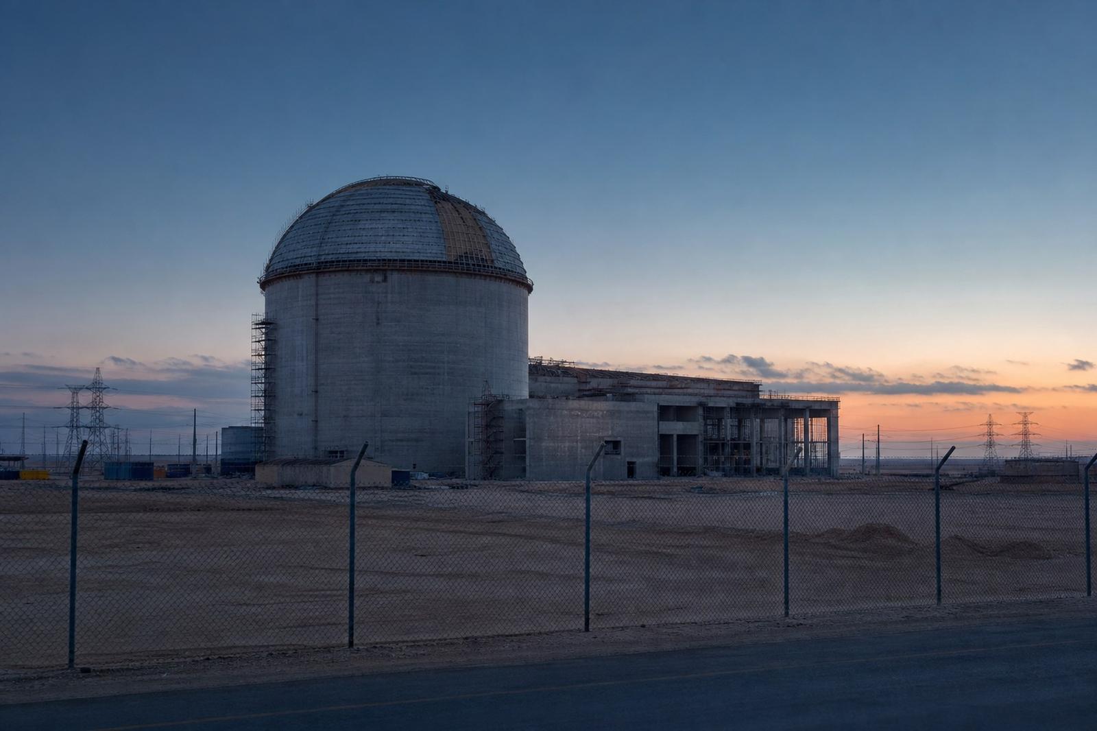 Illustrative Baustelle eines Atomreaktors auf einem saudischen Wüstenplateau in der Abenddämmerung.