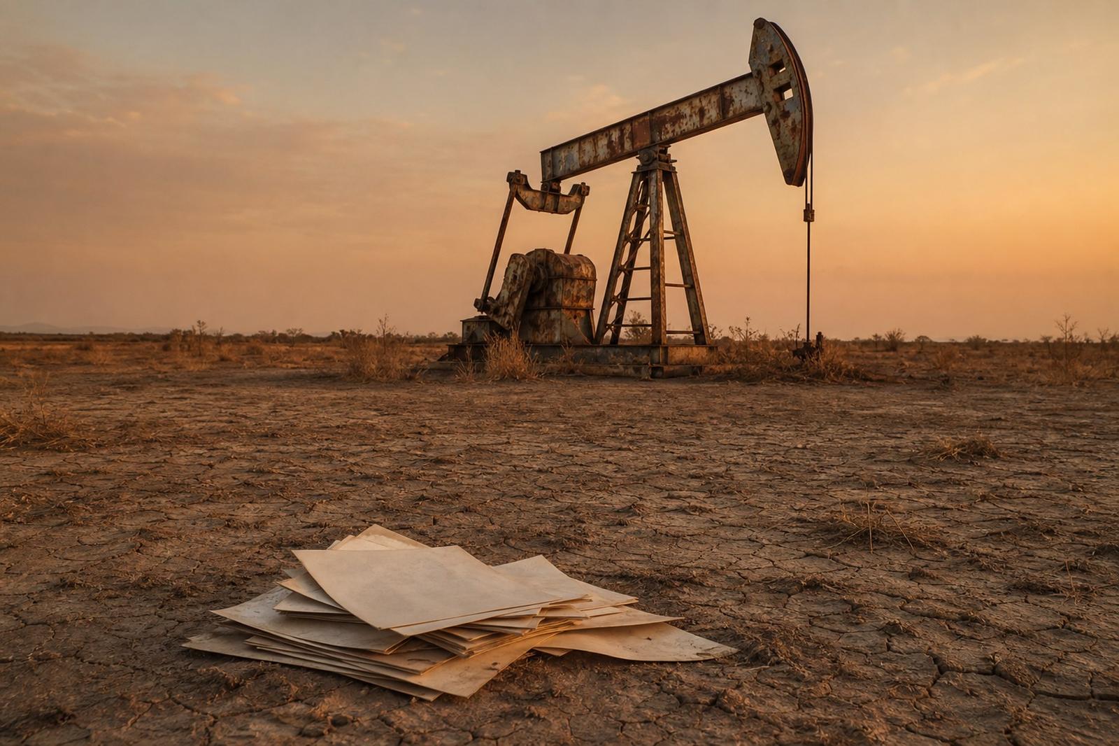 A weathered, idle oil pumpjack silhouetted against a hazy dusk sky over dry, cracked plains.