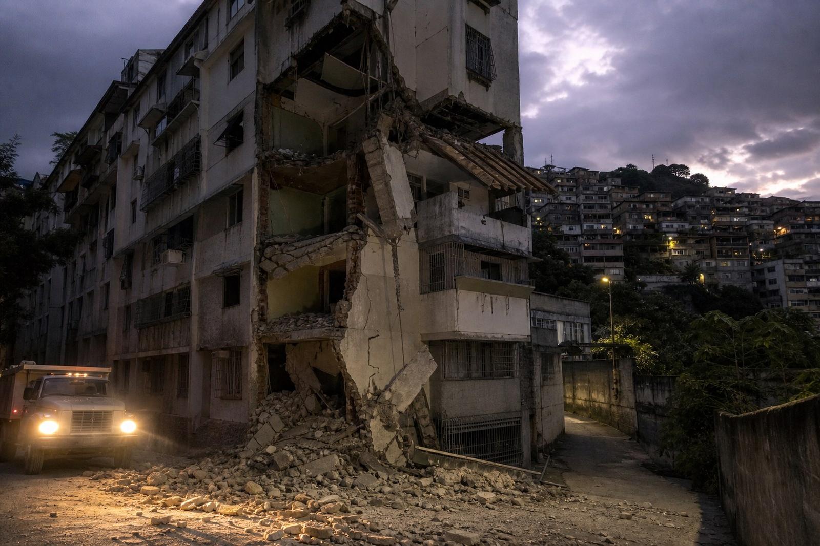 Un immeuble en béton fissuré et partiellement effondré dans un quartier en pente de Caracas, au crépuscule.